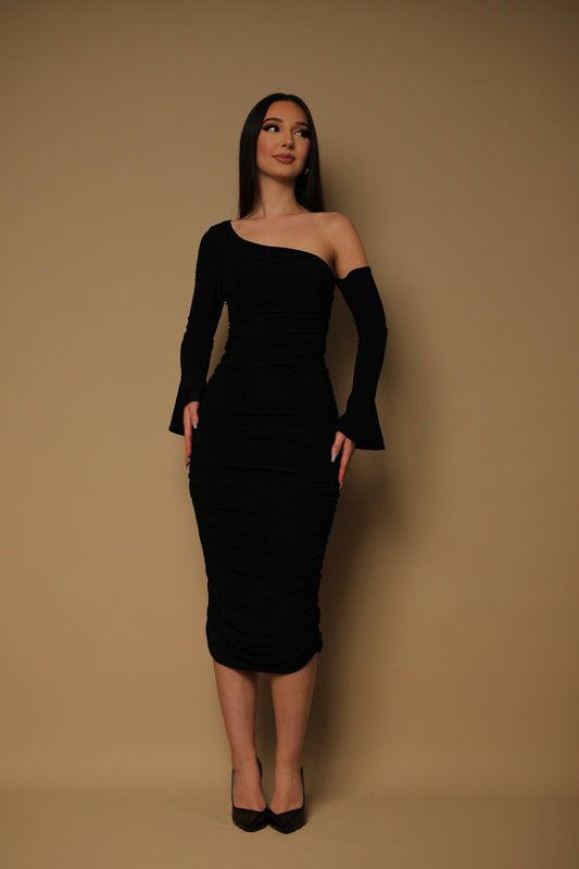 HONEY - Black mid-length evening dress with flared sleeves