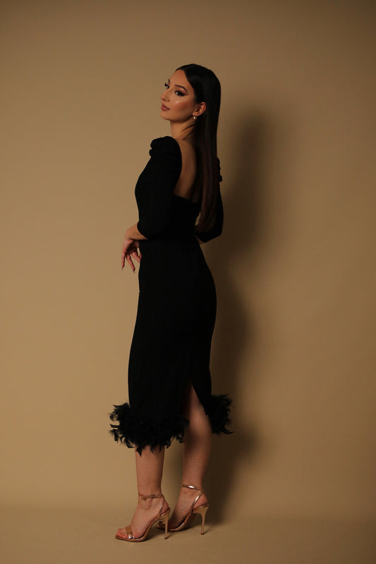 DEAR - Black feathered mid-length evening dress